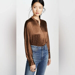 Vince  Satin Dot Print Popover Button Up Woodbine Blouse